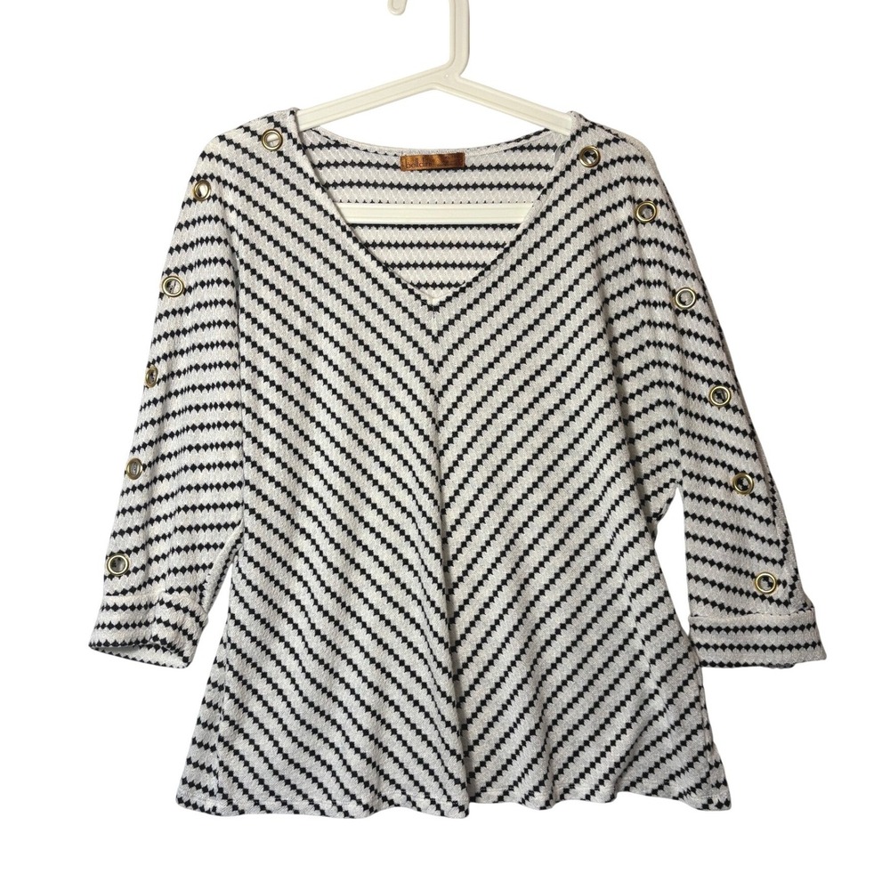 Belldini Womens XL Black White Striped Grommet Sleeve V-Neck Knit Top Blouse - Picture 2 of 10